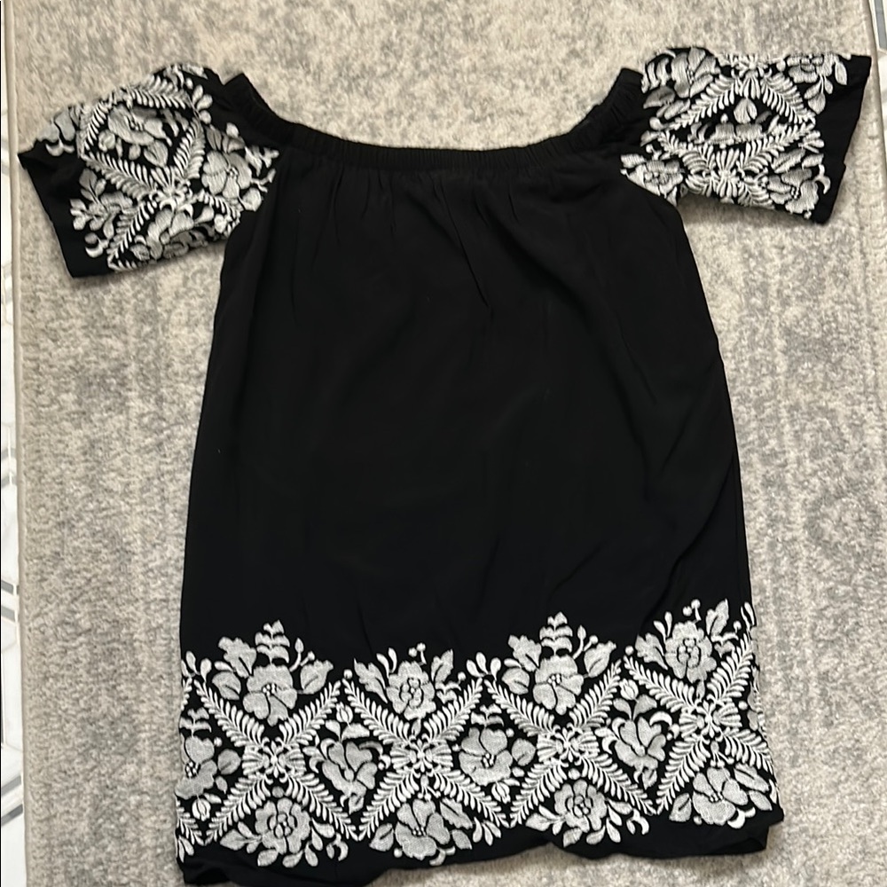 Black Off-Shoulder Top with White Embroidery